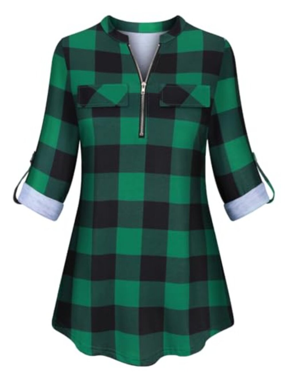 Long Sleeve Plaid Tunic Blouse with Zip V Neck, Cotton Blend, Roll Sleeve
